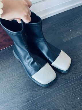 Black Leather Ankle Boots with Cream Toe Caps